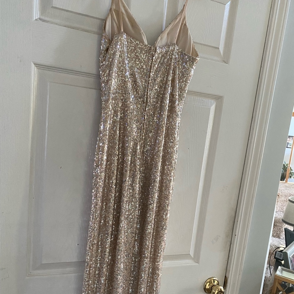 Evenings of Elegance Rose gold Sequin prom Maxi Dress with slit in front